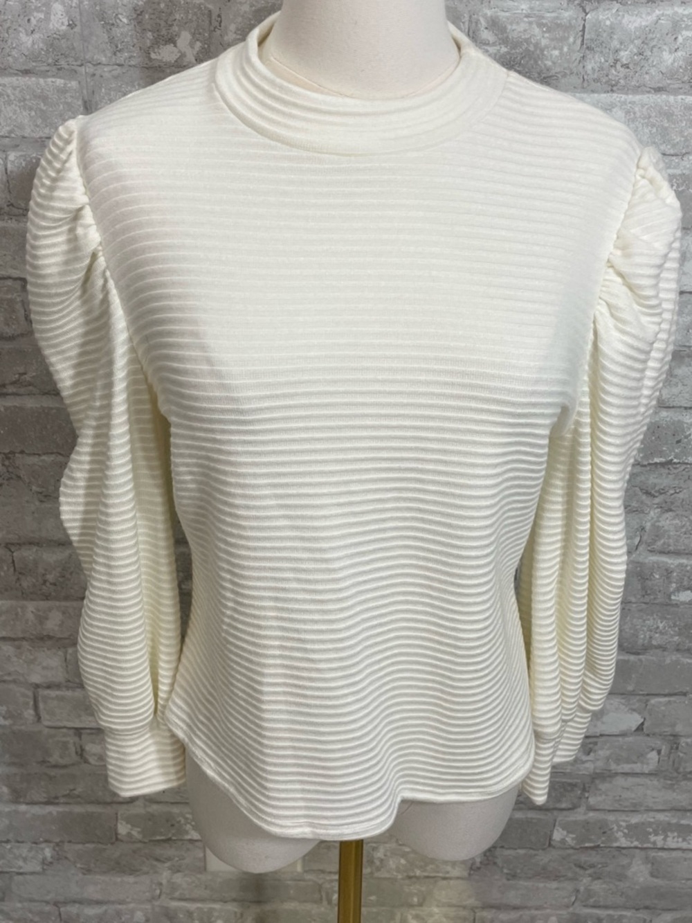 Sadie & Sage Cream Ribbed Puff-Sleeve Mock Neck Top
